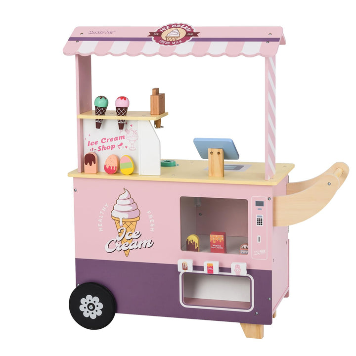 DREAMADE Kinder Eiswagen mit 15 Zubehör, Kaufladen aus Holz mit 2 Rädern & Markise, Eisstand Einkauf