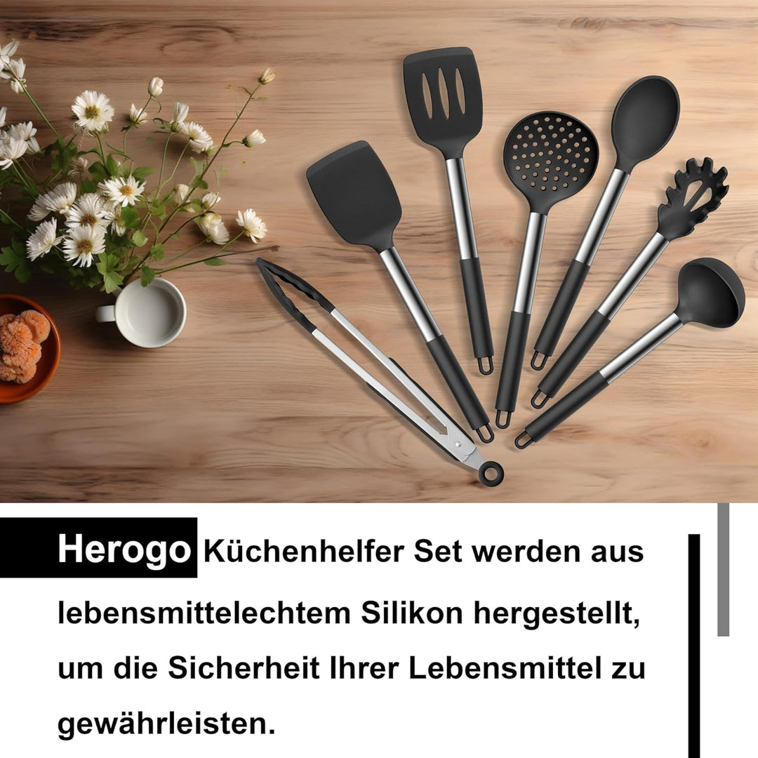 Herogo Küchenhelfer Set, 7 Stück Silikon Küchenutensilien Set, Küchenutensilienset mit Edelstahlgrif