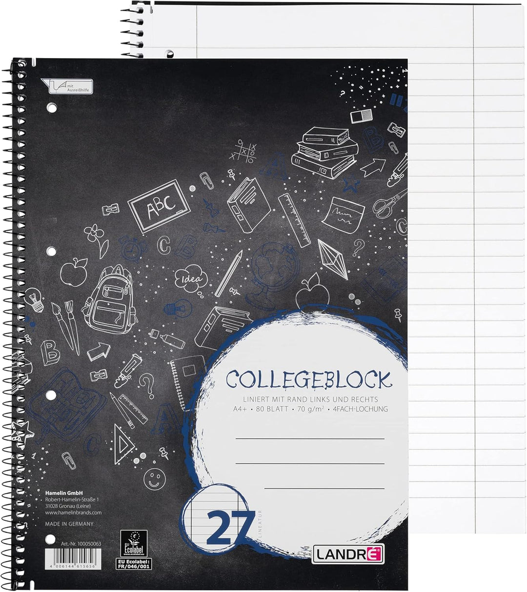 Landré Collegeblock A4 kariert und liniert mit Rand, 80 Blatt, 10 Stück Single, Single