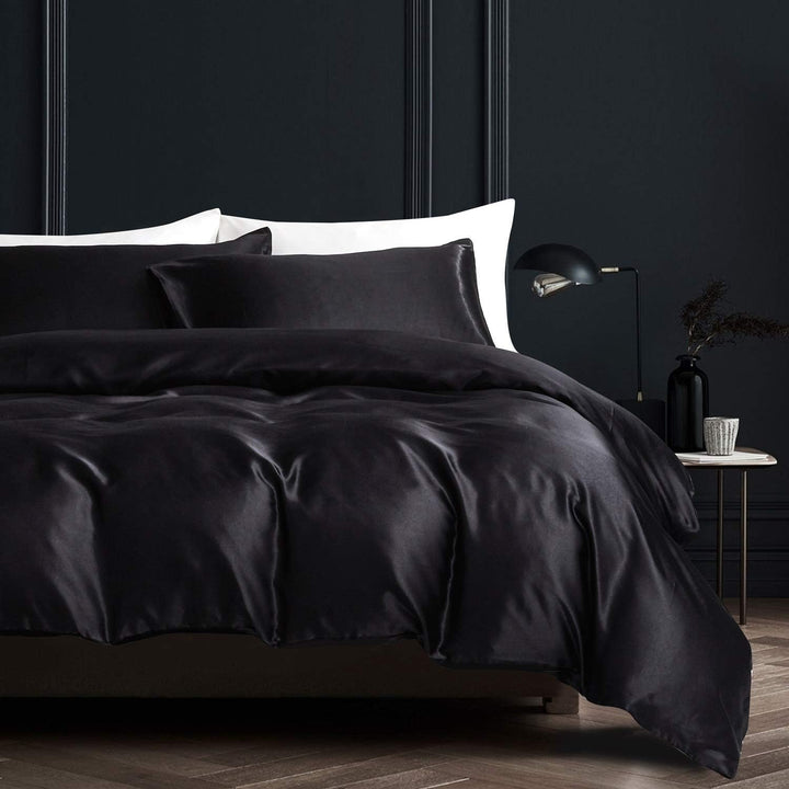 Boqingzhu Satin Bettwäsche 135x200cm Schwarz Uni Glatt Luxus Seide Glanzsatin Bettwäsche Set Bettbez