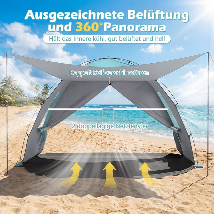 COSTWAY Strandmuschel mit Vordach, Strandzelt UV-Schutz 50+ mit Reissverschlusstüren & Netzfenstern,