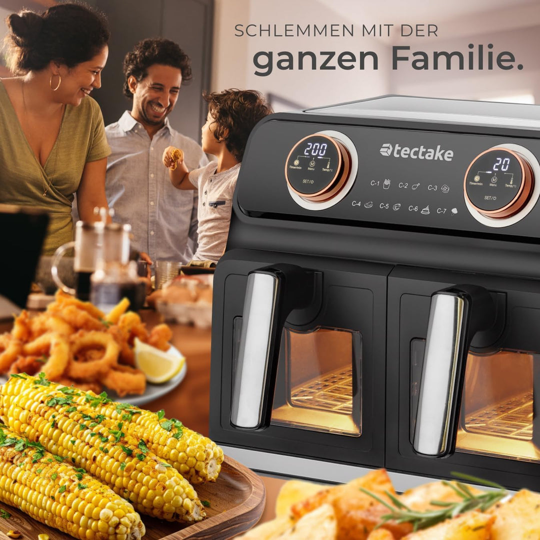 tectake® Heissluftfritteuse 2 Kammern, XXL Doppelkammer Airfryer mit 7 Programmen, 8L Dual Fritteuse