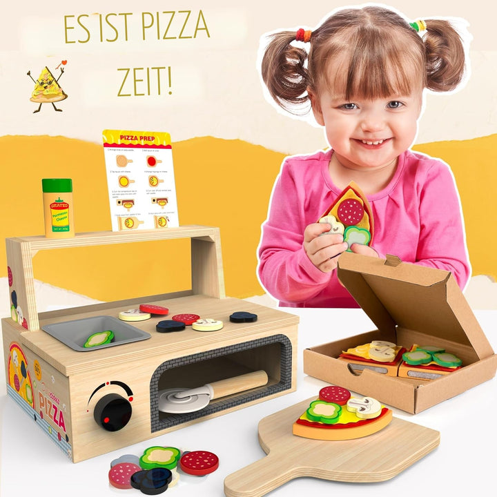 Pizza-Ofen Holzspielzeug ab 3 Jahre Kinder Montessori Spielzeug Kinderküche Zubehör mit Pizza, Pizza