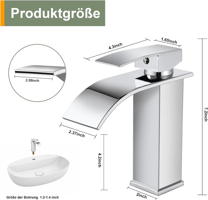 Wasserhahn Bad Wasserfall Waschtischarmatur Chrom, Edelstahl Einhebelmischer, Heiss und Kalt einstel