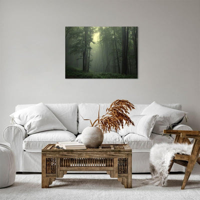 Bilder auf Leinwand Wald Nebel Baum Leinwandbild mit Rahmen 70x50cm Wandbilder Dekoration Wohnzimmer