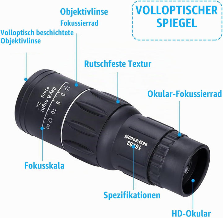 16X52 Monokular Teleskop, Monokulares Teleskop, Wasserdichtes Bak4 Prisma Dual Fokus Fernrohr Kompak