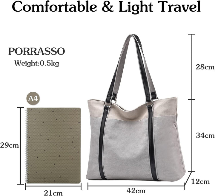 PORRASSO Damen Handtasche Gross Schultertasche Casual Shopper Leinwand Strandtasche für Büro Schule