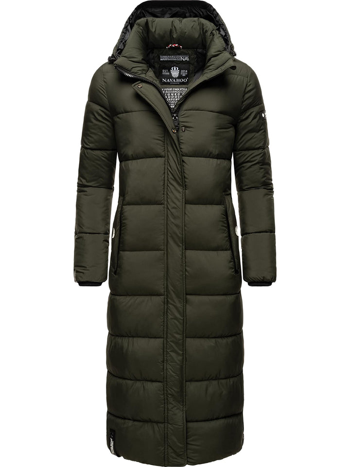 Navahoo Damen Wintermantel Warmer Steppmantel lang mit Abnehmbarer Kapuze Isalie XS-XXL XL Dark Oliv