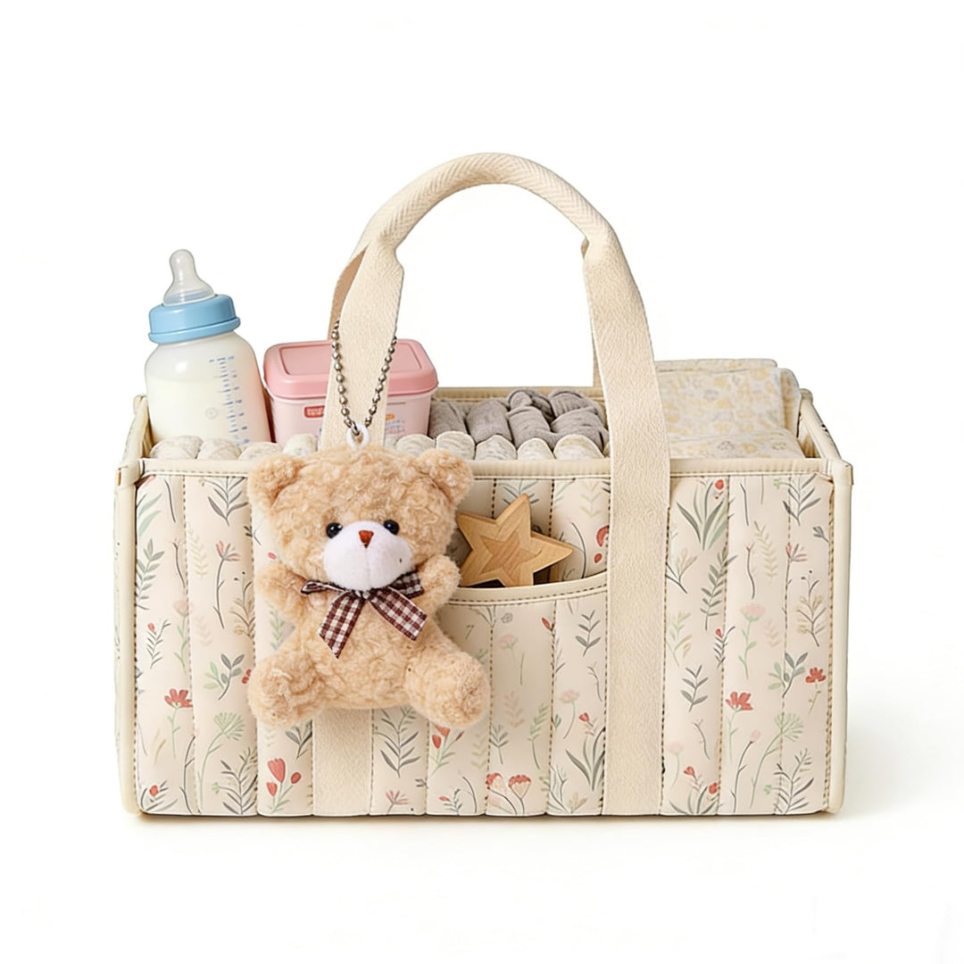 XQLY Windel-Caddy Organizer mit süssem Bären-Anhänger, Wildblumen-Blumenmuster, tragbarer Baby-Kinde