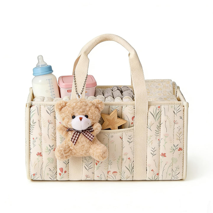 XQLY Windel-Caddy Organizer mit süssem Bären-Anhänger, Wildblumen-Blumenmuster, tragbarer Baby-Kinde