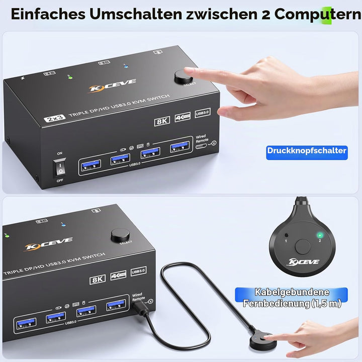 KVM Switch 2 PC 3 Monitore 8K@60Hz,MLEEDA HDMI Displayport KVM Switch Triple Monitor für 2 PC Teilen