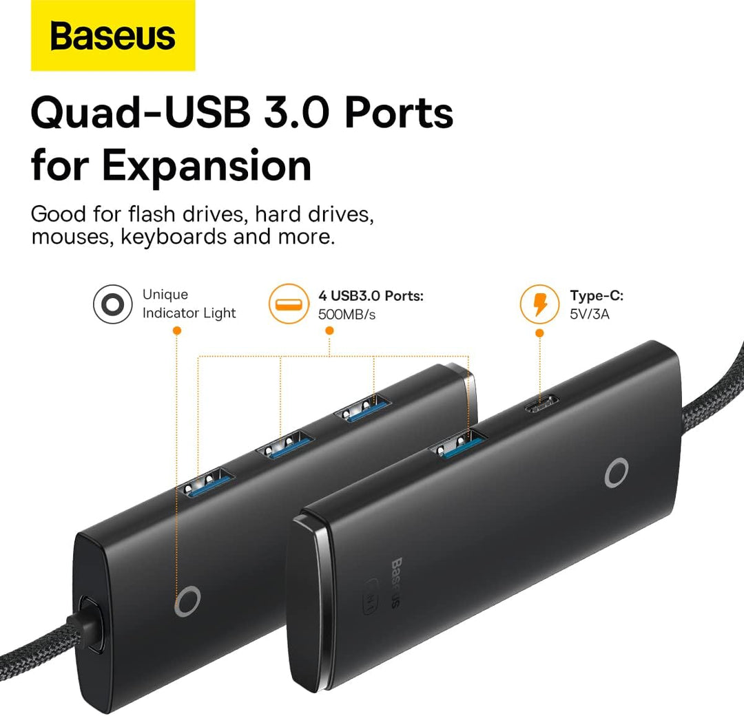 BASEUS HUB Lite Series 4-in-1 Adapter (Type-C to 4xUSB-A 3.0 5Gb/s) Cable 0.25m, Black (WKQX030301)