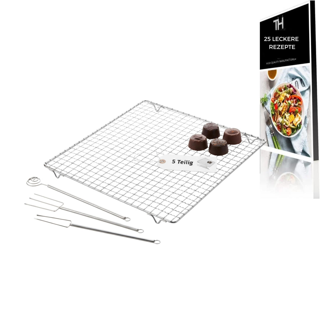 Premium Pralinen Set 5 Teilig - 100 Tage risikofrei testen - Abtropfgitter, 3 Tauchgabeln, Pralinenf