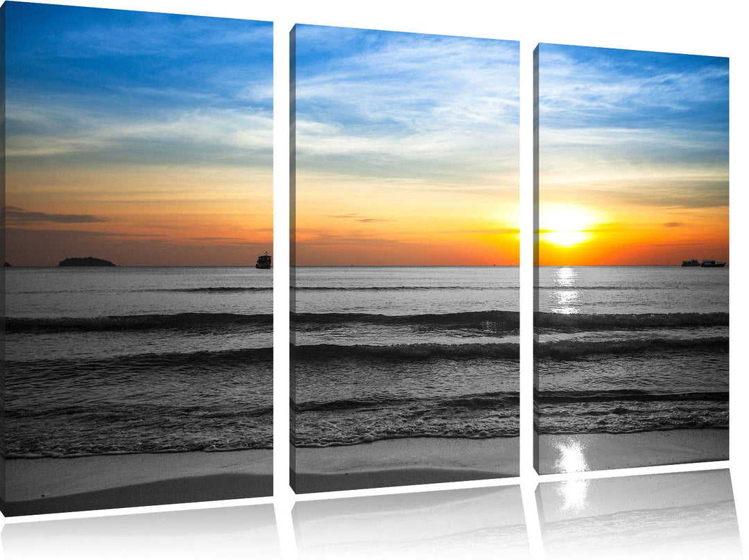 Malibu Beach Sunrise Water Sand schwarz/weiss 3-Teiler Leinwandbild 120x80 Bild auf Leinwand, XXL ri