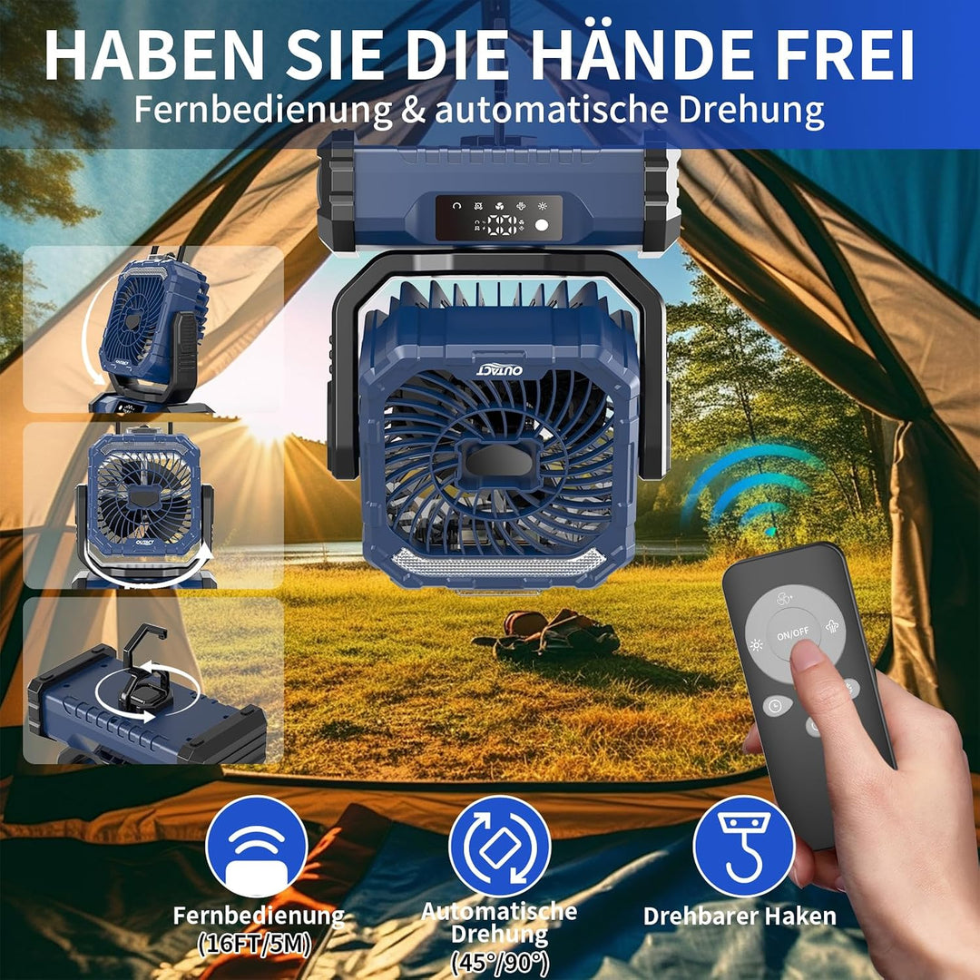 Ventilator Camping mit Sprühnebel, Akku Ventilator 20000mAh mit LED Licht, Haken, 270° Drehung, Trag