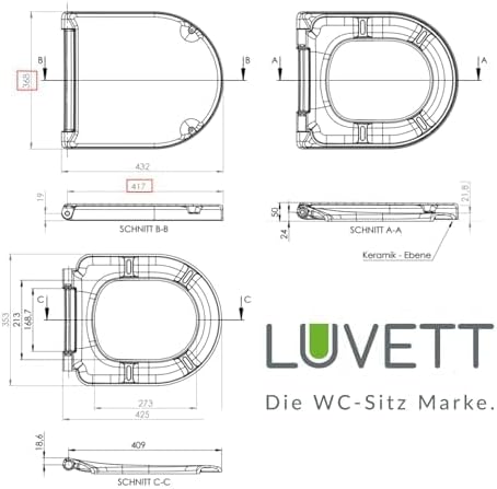 LUVETT® WC-Sitz inkl. 3 Edelstahl Montagelösungen & Absenkautomatik Softclose, Made in EU, antibakte