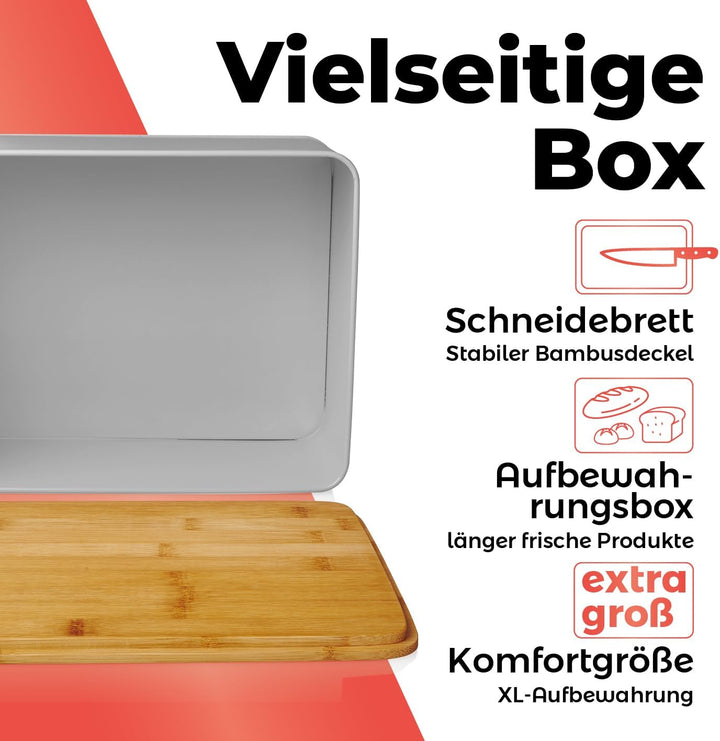 Lumaland Cuisine Brotkasten | Brotdose aus Metall mit Bambus Deckel | Brotbox rechteckig 30,5 x 23,5