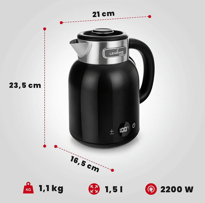 LEHMANN Wasserkocher 1,5L mit Temperatureinstellung 40-100°C, Warmhaltefunktion, LED-Display, Doppel