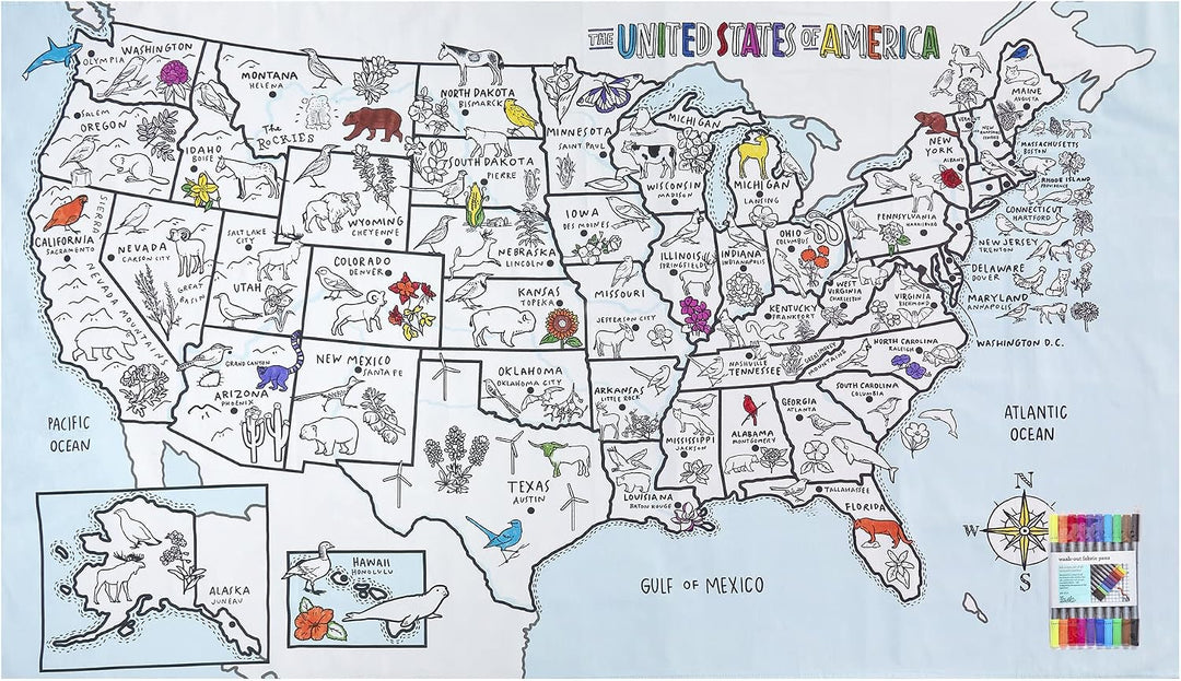 eatsleepdoodle Color &amp; Learn Tischdecke mit waschbaren Stoffmarkern US Map, Us-karte