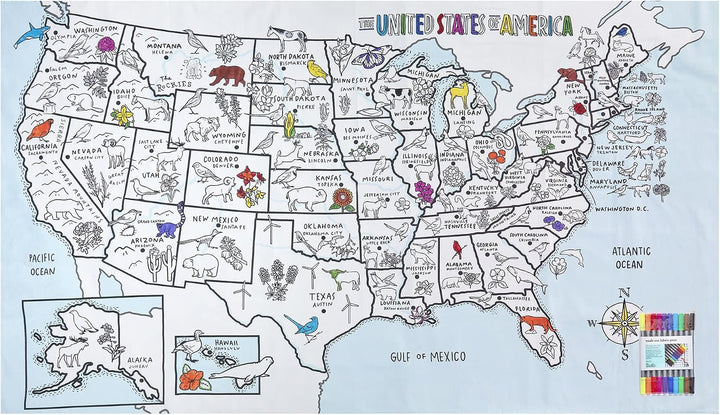 eatsleepdoodle Color &amp; Learn Tischdecke mit waschbaren Stoffmarkern US Map, Us-karte