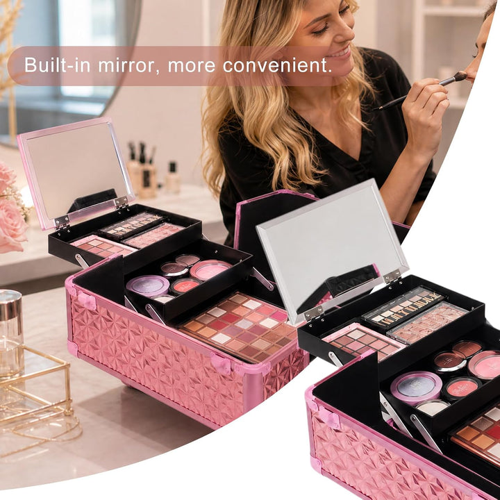 Kosmetikkoffer Trolley, 6-in-1 Schminkkoffer mit Spiegel & Schloss, Grosser Kosmetik Reisekoffer Mak