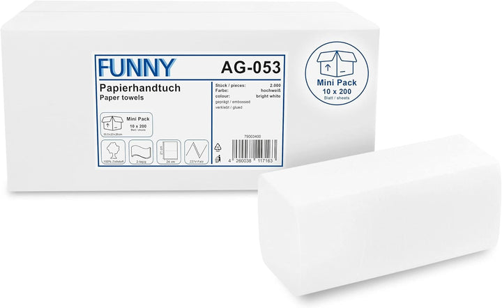 Funny Papierhandtücher 2-lagig, ZZ/V-Falz, 24 x 21 cm, hochweisse Handtücher,MINI Pack 2000 Blatt, A