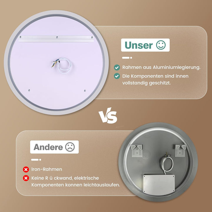 Runder Badspiegel mit Beleuchtung, 3 Lichtfarben, Dimmbar, Touch-Schalter, 70cm Badezimmer Spiegel m