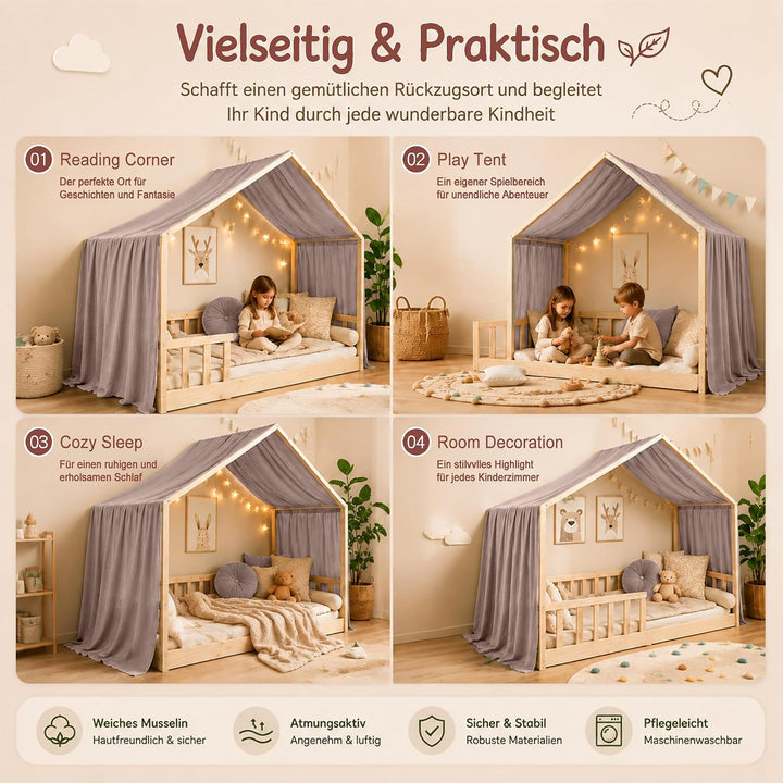 Hook Hausbett Himmel Deko Set, Betthimmel Hausbett aus Musselin - 1 Betthimmel &amp; 1 Wimpelkette, für