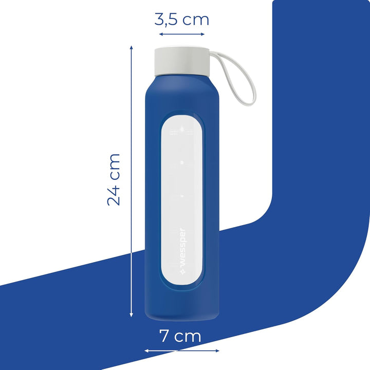 Wessper Trinkflasche Glas 500 ml, Motivations wasser glasflasche mit Hydrationsskala, borosilikatgla