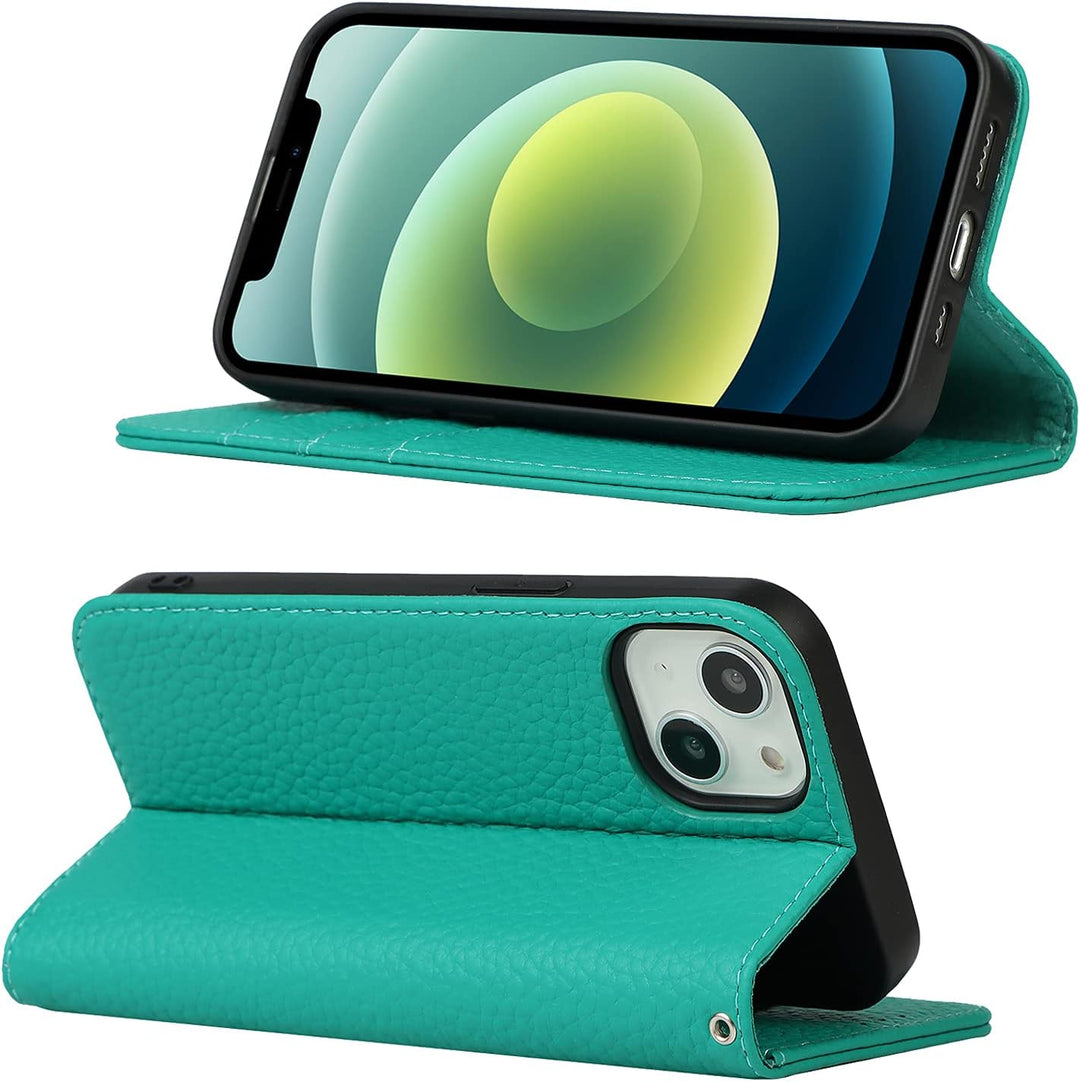 SailorTech Brieftasche Hülle für iPhone 13, Luxus Litschi Genarbtes Echtleder Hülle mit Handschlaufe