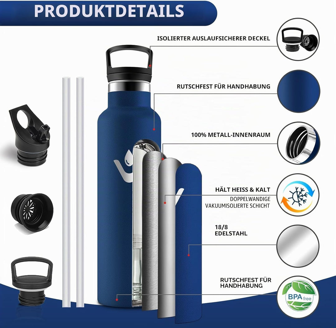 HoneyHolly Trinkflasche Edelstahl, 750 ML BPA-Frei, Thermosflasche, Auslaufsichere Isolierflasche Do