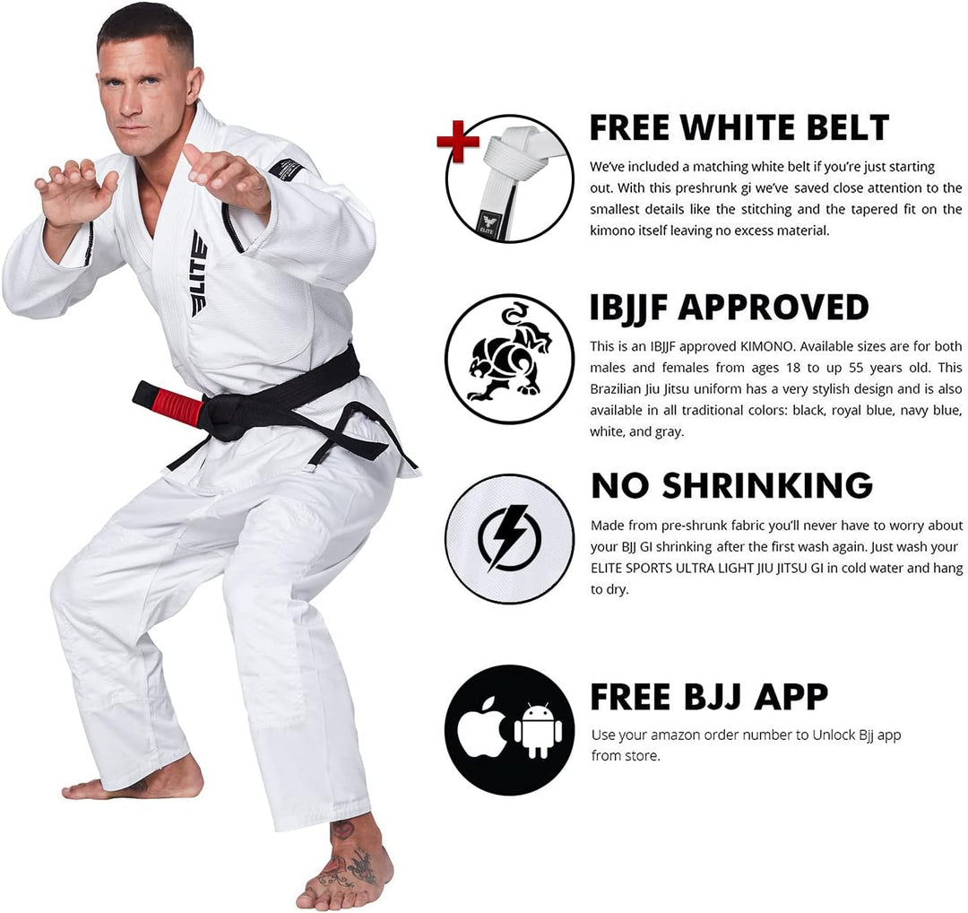 Elite Sports BJJ GI für Herren IBJJF Kimono BJJ Jiujitsu GIS W/sanforisierter Stoff &amp; Gürtel (Siehe