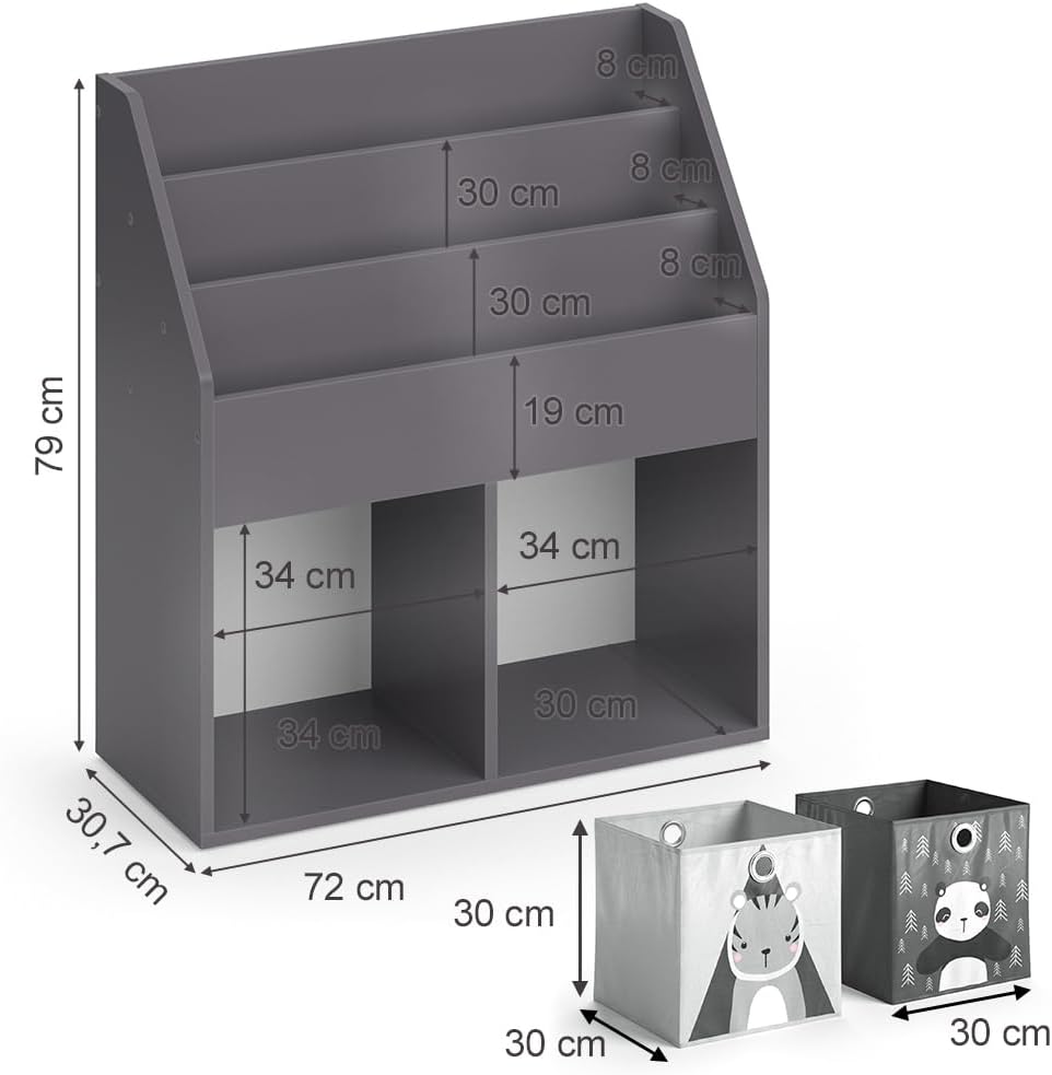 Vicco Kinderregal Luigi, Grau, 72 x 79 cm mit 2 Faltboxen Opt.2 Grau 72x79 mit Faltboxen Panda/Tiger