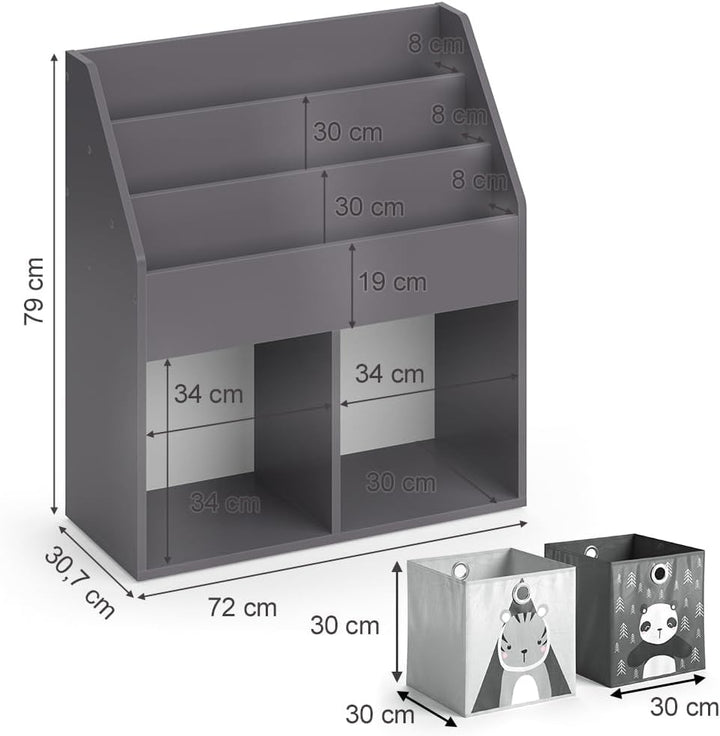 Vicco Kinderregal Luigi, Grau, 72 x 79 cm mit 2 Faltboxen Opt.2 Grau 72x79 mit Faltboxen Panda/Tiger