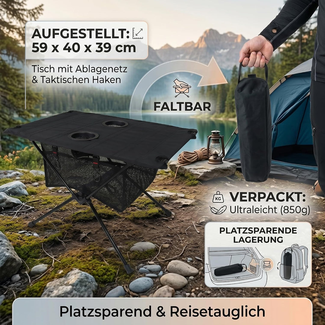Campingtisch Klappbar Aluminium, Schwarz, 60x39x37cm | Ultraleicht, Taktisch, Aufbewahrungsnetz &amp; 4