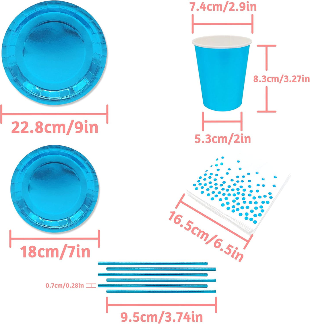 INHEMING Blau Papiergeschirr Set 99 Stück Papier Geschirr Set Enthält Pappteller Pappbecher Serviett