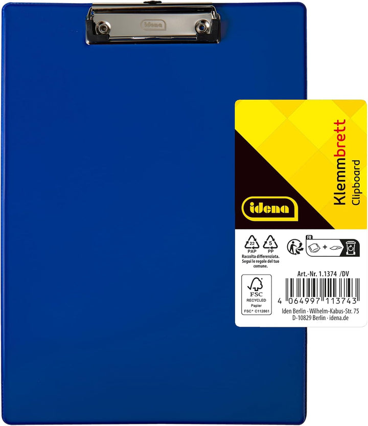 Idena 90293 - Klemmbrett für DIN A4, 12 Stück, Hochformat, PVC beschichtetes Clipboard in Blau, FSC-