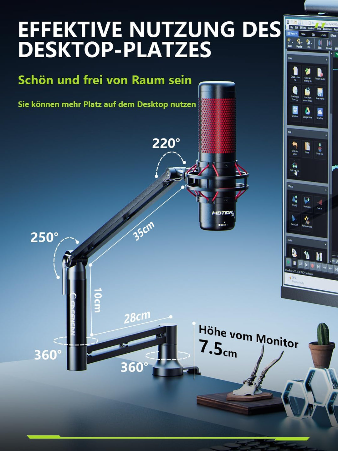 Boom Arm, 360° drehbarer Mikrofonständer mit Tischhalterung, faltbarer Tischmikrofonarm mit 3/8&