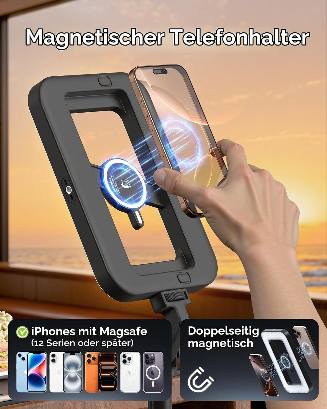 15W Ringlicht mit Stativ, 6000mAh Magnetisches Handy Stativ mit Ringlicht, 2500K–9000K Dimmbar, Trag