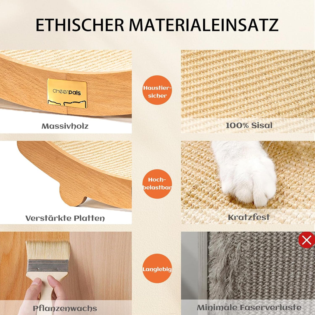 CheerPals Sisal Kratzbrett Katzen - 160° Gebogenes Design, Massives Buchenholz & Natürliche Sisal Pa