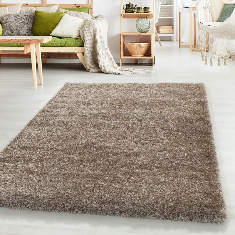 HomebyHome Shaggy Teppich Läufer Flur 60x110 cm - 50 mm Florhöhe Hochflor Wohnzimmerteppich Taupe Ex