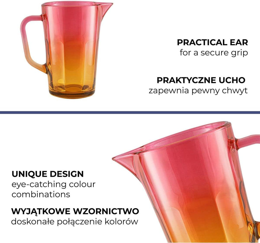 TREND FOR HOME Wasserkaraffe Glas 1 Liter mit Handlichem Griff Bunt Wasserkrug 19 cm Glaskanne Orang