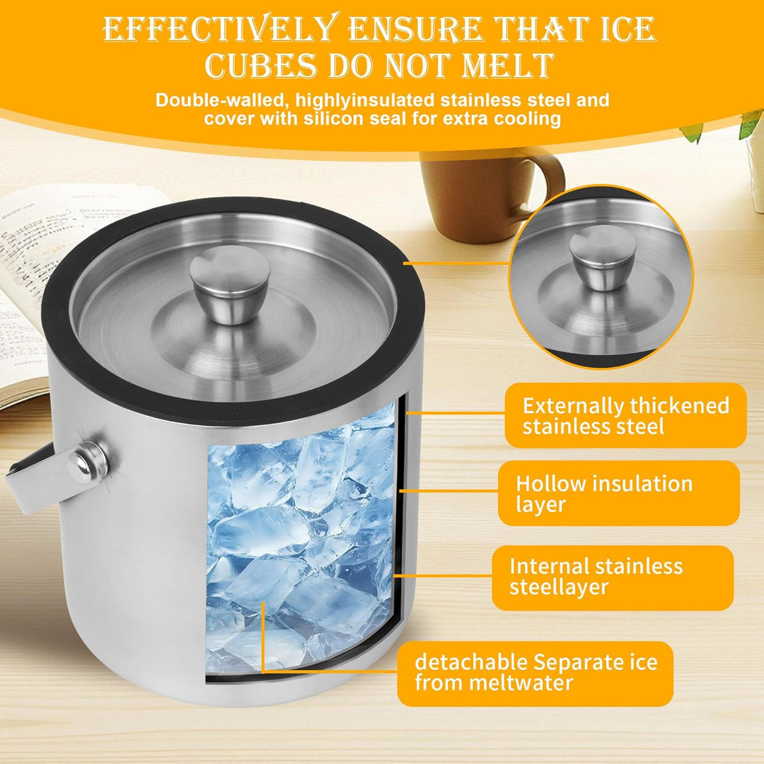 1.6 L Eisbehälter, Eisbehälter aus Edelstahl 1.6 L, Edelstahl-Eiskübel, doppelwandig, doppelwandiger