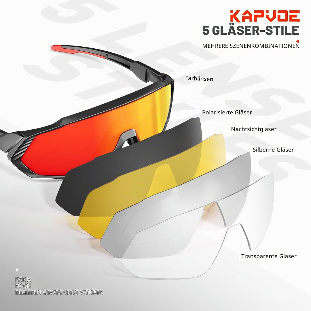 KAPVOE Polarisiert Fahrradbrille mit 1 Linse oder 5 austauschbare Linse TR90 Rahmen für Herren Damen