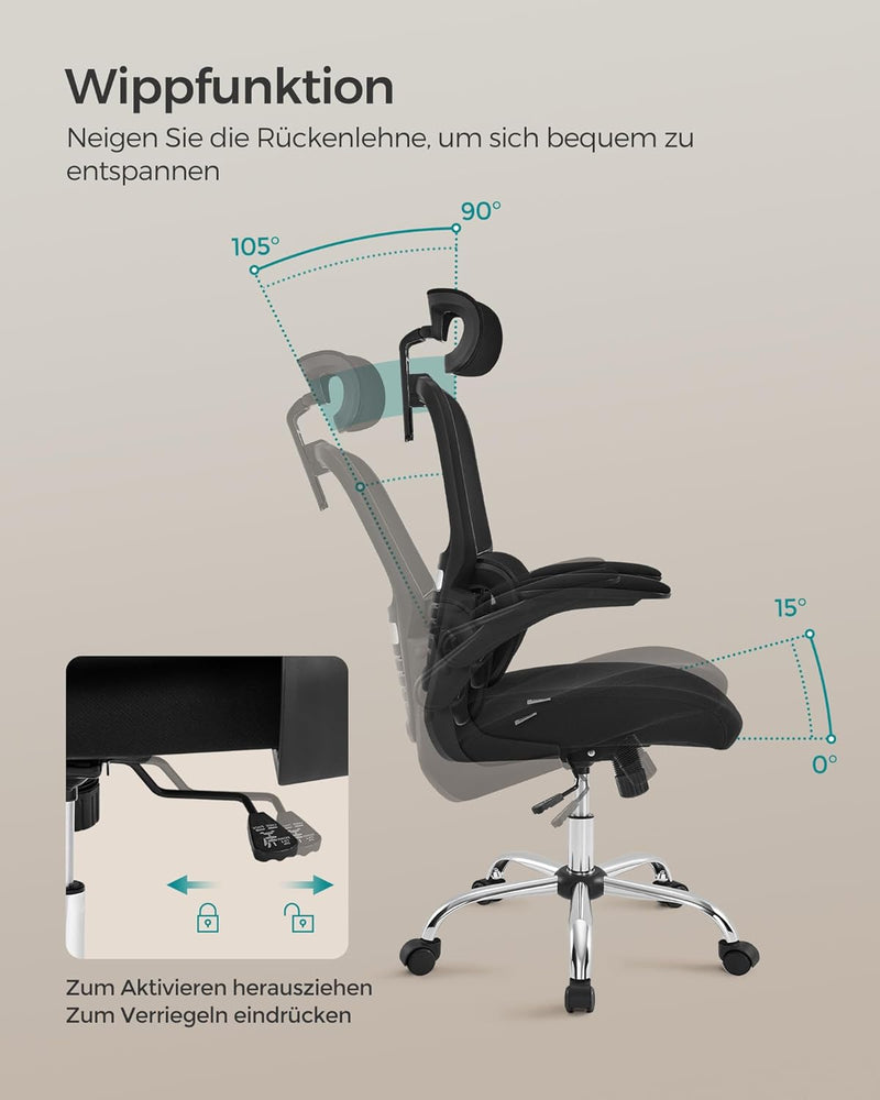 SONGMICS Bürostuhl, Schreibtischstuhl, ergonomisch, klappbare Armlehnen, hohe Rückenlehne, Netzstuhl