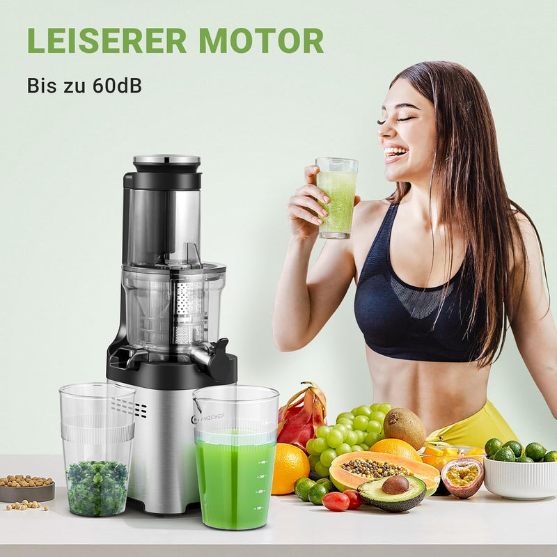 AMZCHEF Slow Juicer Vertikal - Entsafter mit 79 mm Öffnung für Gemüse und Obst Testsieger - Edelstah