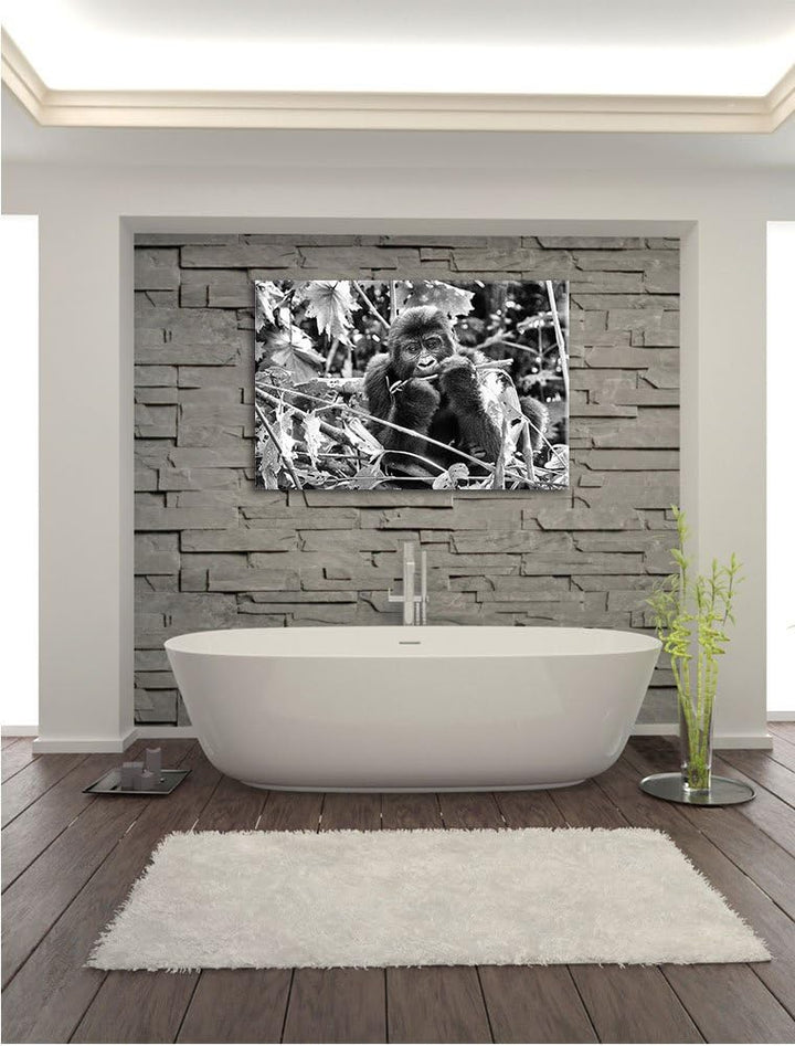 Pixxprint Gorilla beim Fressen als Leinwandbild/Grösse: 100x70 / Wandbild/Kunstdruck/fertig bespannt