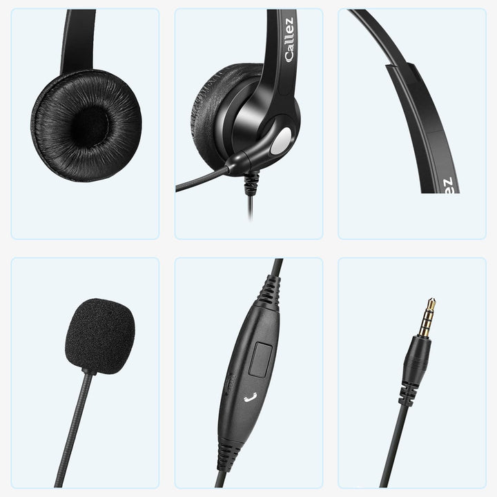Callez Headset Handy Binaural mit Noise Cancelling Mikrofon, Smartphone Kopfhörer 3,5mm Klinke Für i