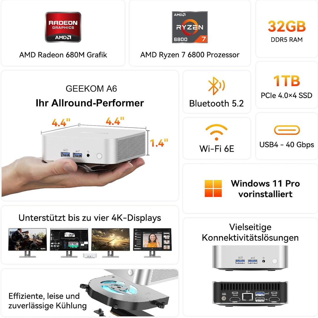 GEEKOM A6 Mini PC mit AMD Ryzen 7 6800, 3-Jahre-Support, Metallgehäuse, 32GB DDR5 1TB M.2 SSD, Mini