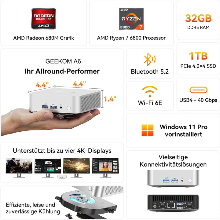 GEEKOM A6 Mini PC mit AMD Ryzen 7 6800, 3-Jahre-Support, Metallgehäuse, 32GB DDR5 1TB M.2 SSD, Mini